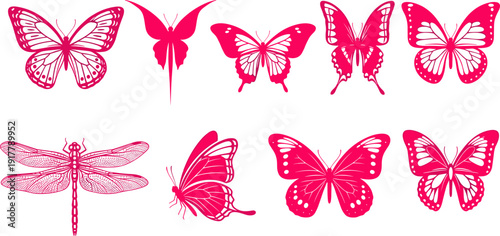 Horizontal set of nine magenta butterfly and dragonfly silhouettes in flat vector style for nature design,