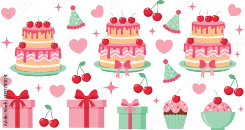 Flat vector illustration set of birthday party elements including tiered cherry cakes gift boxes cupcakes ice cream party hats hearts and stars.
