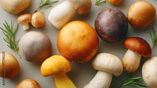 A Vibrant Collection of Fresh Mushrooms on a Light Background with Various Shapes and Colors for Culinary and Nature Themes