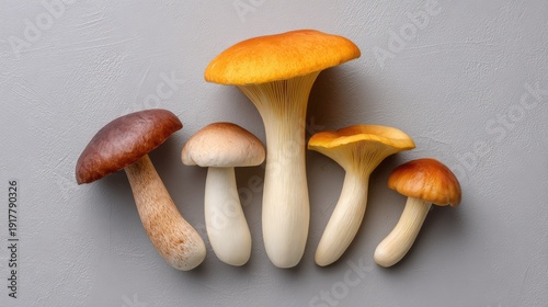 Vibrant mushrooms of various sizes and colors arranged on a textured background showcasing nature's beauty and edible diversity in a rustic setting
