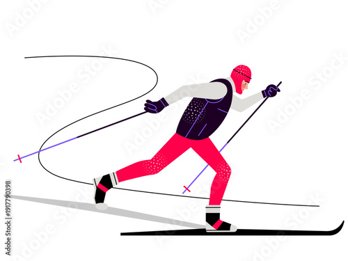 young man in a ski uniform is skiing. skier in profile on white background. flat drawing with linear elements. stock vector illustration. EPS 10.