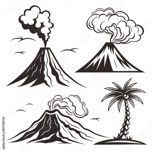 Illustrations of volcanoes and a palm tree in a simple line drawing style
