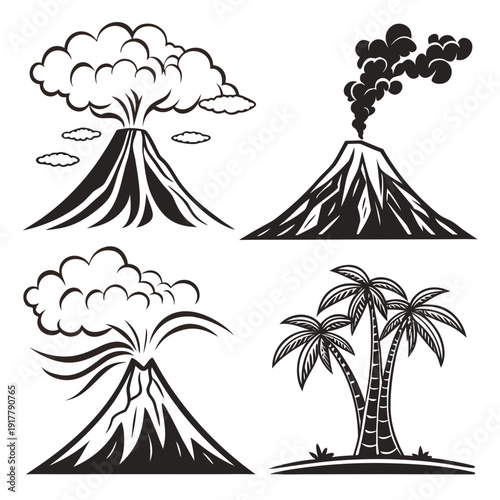 Four black and white illustrations of volcanoes and palm trees