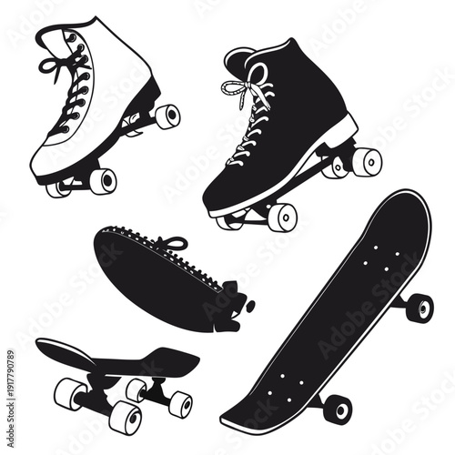 A set of skateboards and roller skates