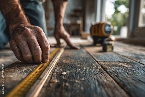 Close up photo of hands using measuring tape on wood flooring with natural light creating warm and focused atmosphere for precise craftsmanship and detailed work