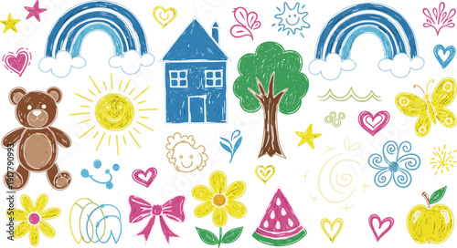 Large set of colorful crayon sketch doodles featuring teddy bear, house, and rainbows in flat vector style