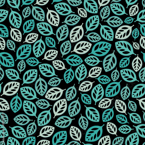 Vector illustration of leaves pattern in teal, white, and black colors viewed from directly above, eps file reference 1771399659487.eps