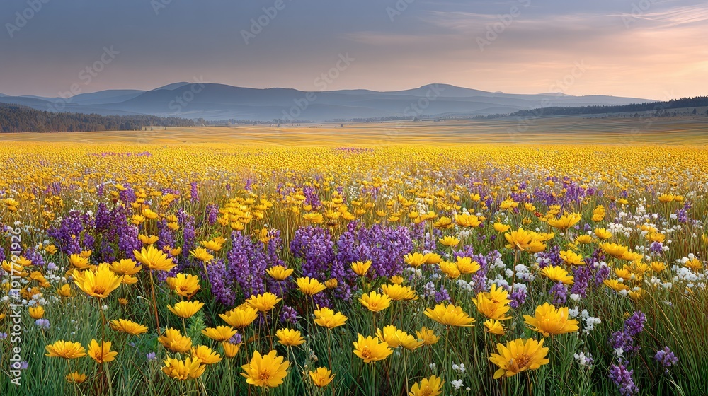 Obraz premium Vibrant Wildflower Meadow Under Soft Clouds at Dawn with Mountains in the Background, Colorful Floral Landscape in Nature's Splendor