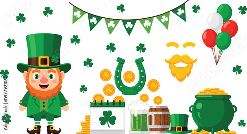 Flat vector illustration set of St. Patrick's Day elements including cute leprechaun pot of gold coins horseshoe shamrocks green hat beer and balloons.