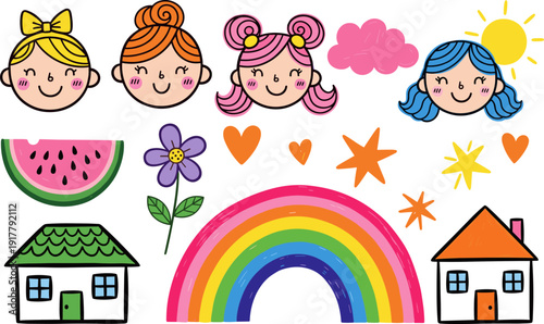 Large set of hand-drawn childhood doodles featuring diverse girl characters, rainbow, and houses in flat vector style,