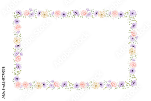 Rectangular watercolour floral frame isolated on white background, drawing of violet and pink flowers for spring and wedding design