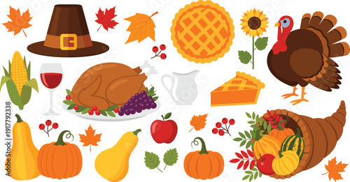 Flat vector illustration set of Thanksgiving Day elements including roasted turkey pilgrim hat pumpkins cornucopia sunflower apple pie corn and autumn leaves.