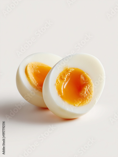 perfectly soft boiled egg halves with runny golden yolk isolated on white, closeup of two hard boiled egg halves showing creamy yellow center, minimal food photography of sliced boiled eggs 