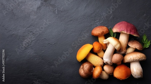 Fresh and Colorful Assortment of Edible Mushrooms Displayed on a Dark Slate Surface Ideal for Culinary and Food Photography Projects