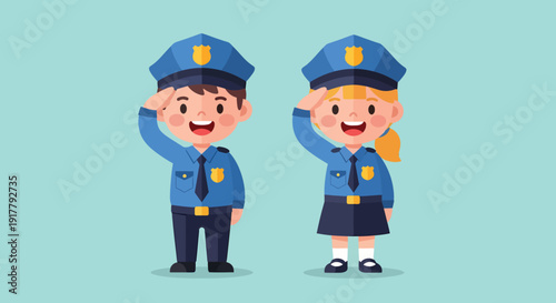 Cartoon Boy and Girl Dressed as Police Officers Saluting.