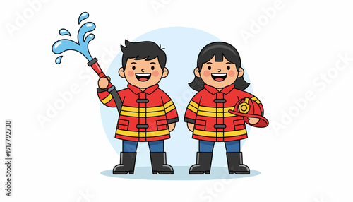 Brave Cartoon Firefighters Ready for Action with Water Hose.