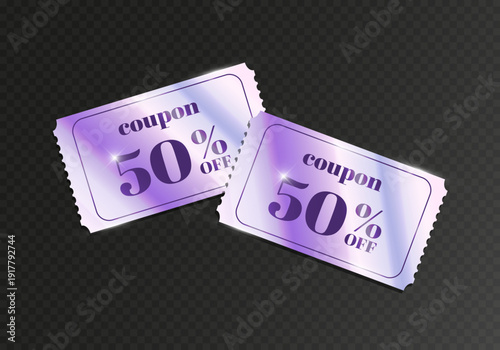 Two holographic coupons with discount on dark transparent background. Shiny purple special offer vouchers, discount cards. Vector illustration