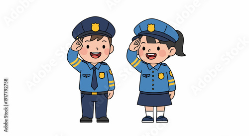 Cartoon Children Dressed as Police Officers Saluting with Cheerful Expressions.