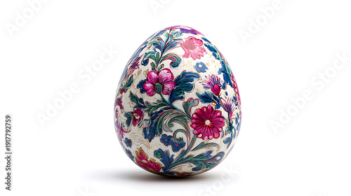 Bright Easter egg with blooming flower artwork isolated on white background