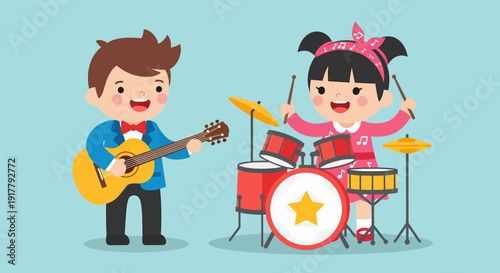 Cartoon Children Playing Music with Guitar and Drums.