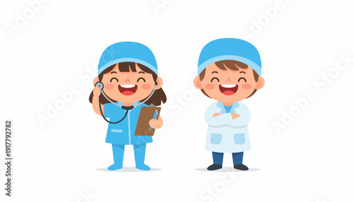 Cartoon Doctors Cheerful Children in Medical Professions.