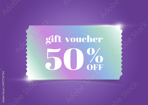 Shiny rainbow colored, holographic coupon with discount, gift voucher. Special offer voucher on purple background. Vector illustration