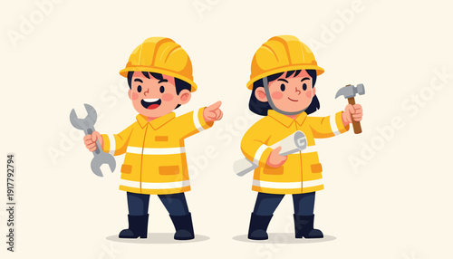 Cartoon Construction Workers with Tools Ready for the Job.