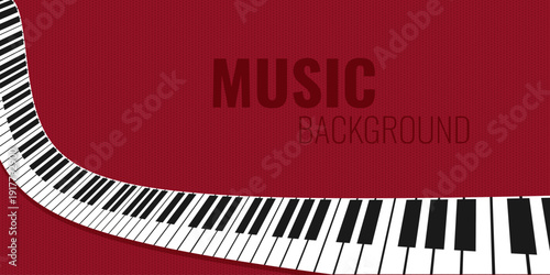 Music background with long curved wavy piano keys on red background. Vector illustration