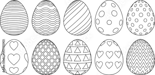 Easter egg outline vector set, hand drawn patterned eggs collection, spring holiday coloring page illustration isolated on white