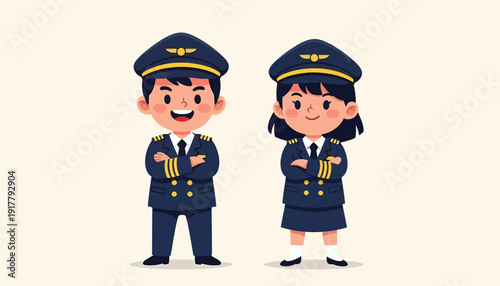 Cartoon Pilots Boy and Girl in Uniforms with Arms Crossed.