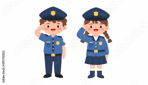 Cartoon Police Officers Saluting Boy and Girl in Uniforms.