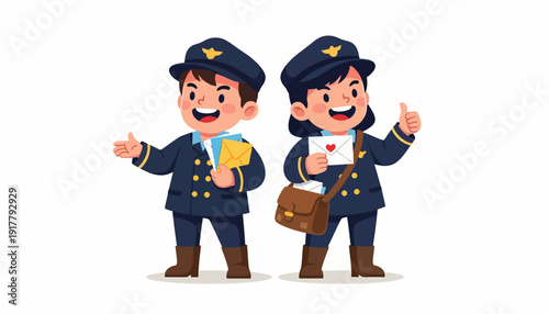 Cartoon Postmen Delivering Mail with Uniforms and Hats.