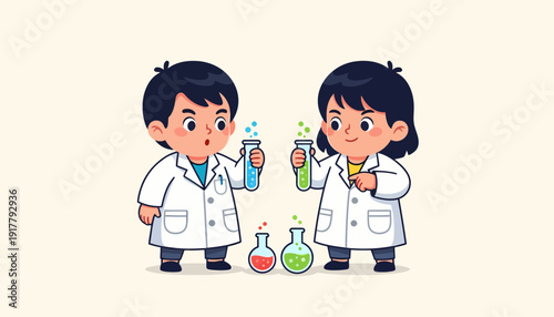 Cartoon Scientists Conducting Experiments with Colorful Liquids in Beakers.