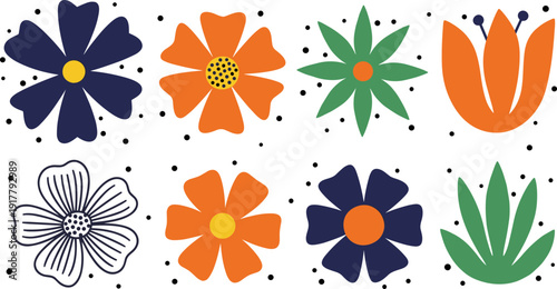 Minimalist set of eight navy and orange floral icons with polka dots in flat vector style,