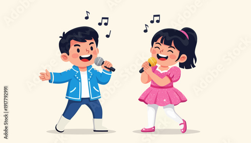 Children Singing with Microphones A Joyful Duet.