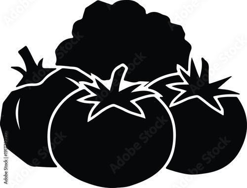 silhouette fresh organic garden tomatoes and broccoli healthy food produce vector design