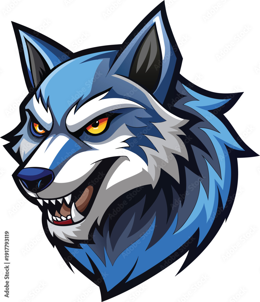 Fototapeta premium Fierce blue wolf head roaring aggressive mascot vector illustration
