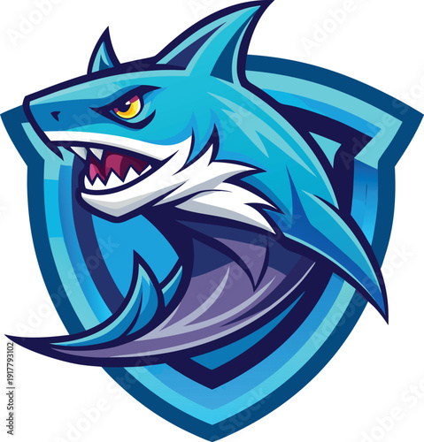 Blue Shark Head Shield Emblem Esports Logo Design vector illustration