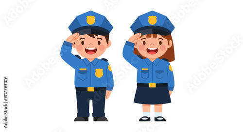 Two Cartoon Children Dressed as Police Officers Saluting.