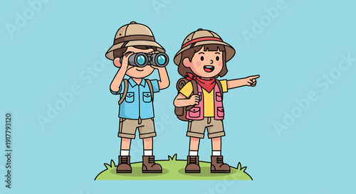 Two Cartoon Explorers on an Adventure One with Binoculars.