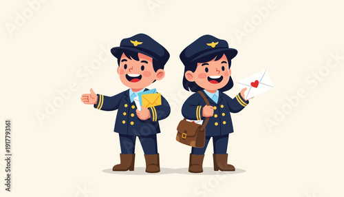 Two Cartoon Pilots in Uniforms Holding Letters and Giving Thumbs Up.