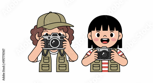 Two cartoon photographers capturing moments with their cameras ready for adventure.