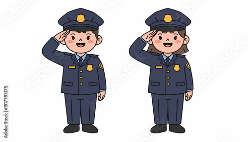 Two cartoon police officers saluting in uniform standing at attention.