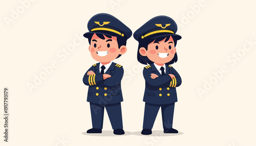 Two Cartoon Pilots Standing with Arms Crossed Ready for Flight.