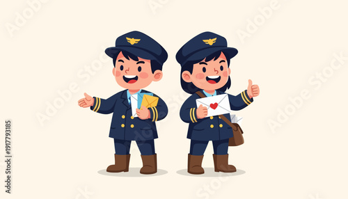 Two Cartoon Postmen Delivering Mail with Enthusiasm and Cheer.