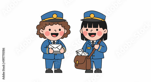 Two Cartoon Postmen Delivering Mail with Envelopes and a Mailbag.