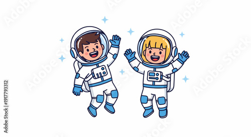 Two Cheerful Children Dressed as Astronauts in Space Suits.
