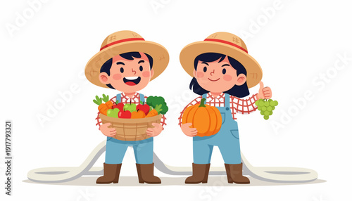 Two cheerful children dressed as farmers holding harvested vegetables.