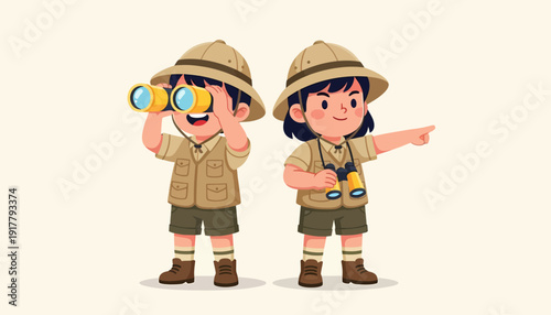 Two Children Dressed as Explorers with Binoculars and Safari Hats.