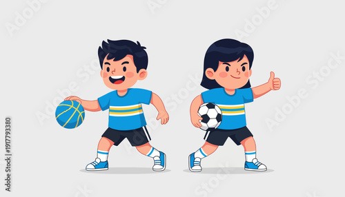 Two Children Engaged in Sports Activities with Enthusiasm and Energy.